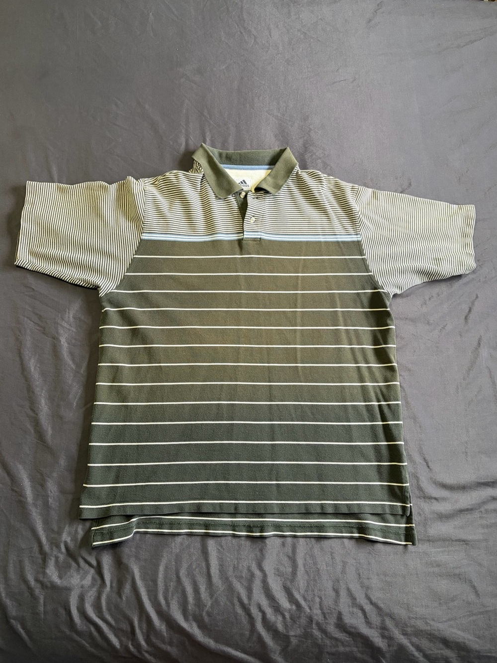 Y2K 2000s Men's Striped Adidas Polo Shirt black/brown ombré color. Size L